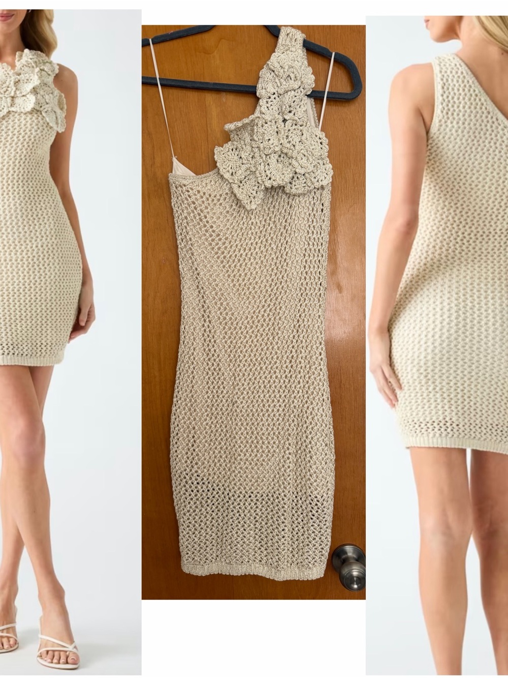 Crochet One-Shoulder Mini Dress — Cream